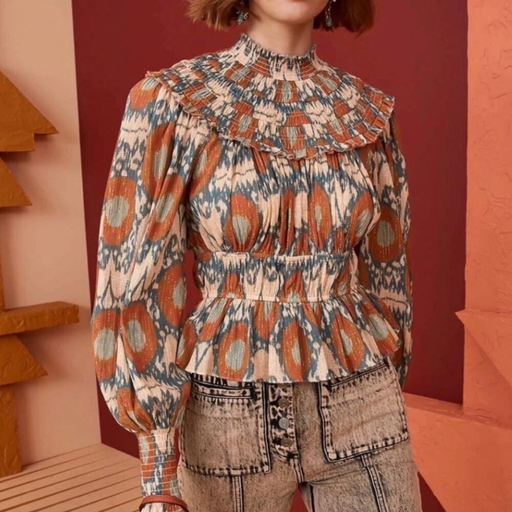 Ulla Johnson Orange And Blue Patterned Blouse - image 1